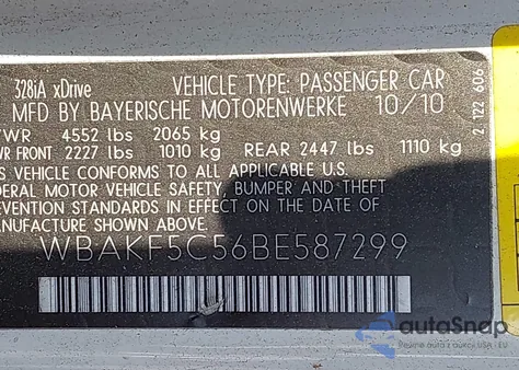 2011 BMW 328 Xi Sulev из США, поврежденный, VIN WBAKF5C56BE587299